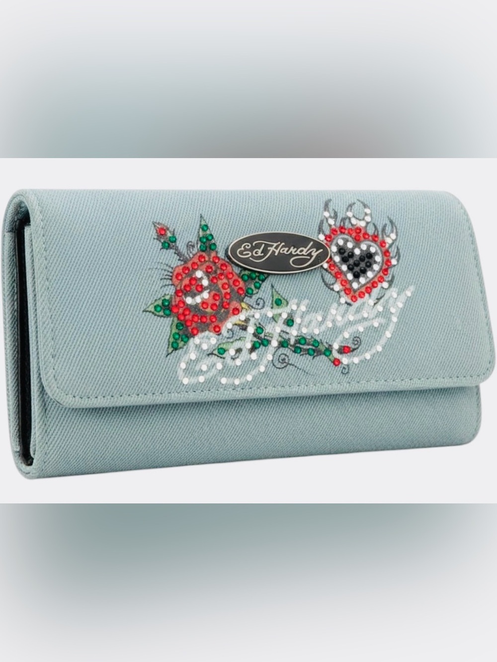 Ed Hardy, Denim Blue Rhinestone Floral Heart Wallet with Red & Green Accents